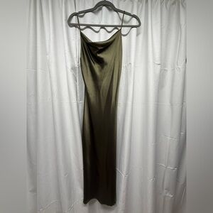 Beginning Boutique Olive Satin Slip Dress Cowl Neck Maxi Size 4